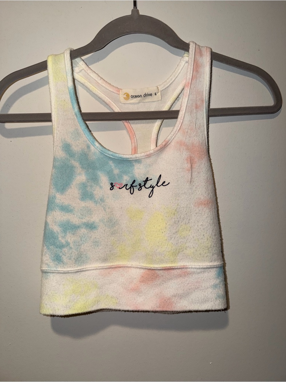 Ocean Drive Tie-Dye Crop Tank Top in Pastel Blue, Yellow & Pink